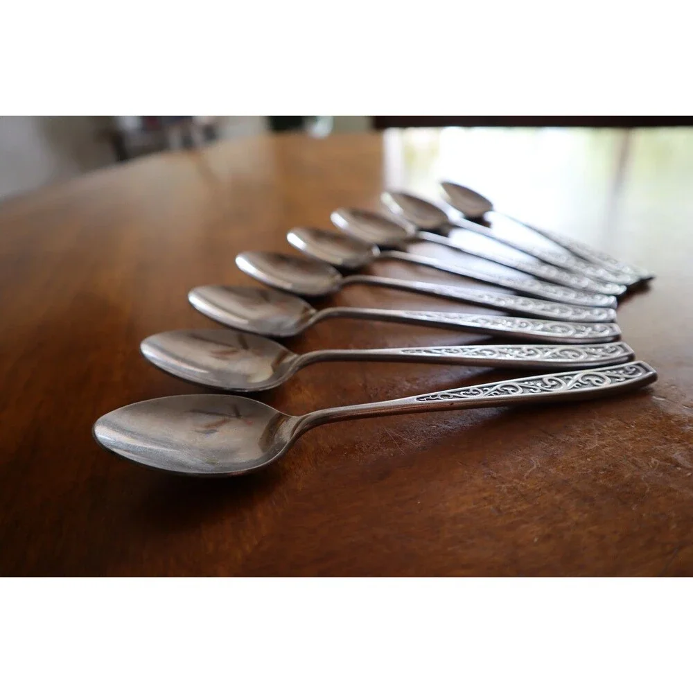 Lot 8x Imperial International IIC DAVOS Stainless Black Floral Teaspoon 6.4